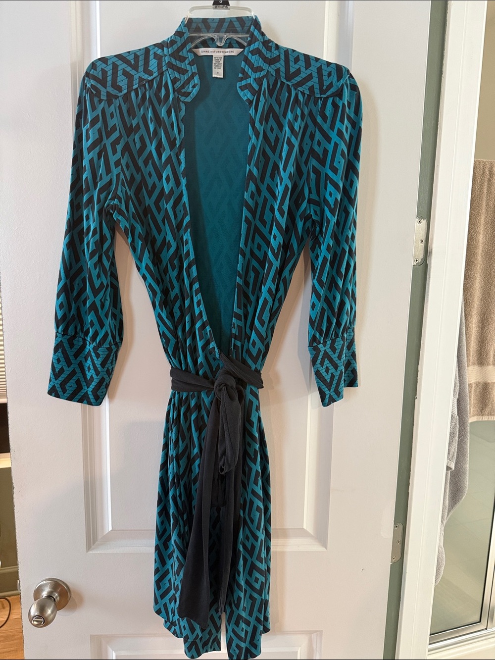 Diane Von Furstenberg Teal & Black Geometric Wrap Midi Dress